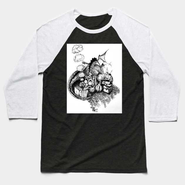 Dragon Reading a Book Baseball T-Shirt by DMcK Designs